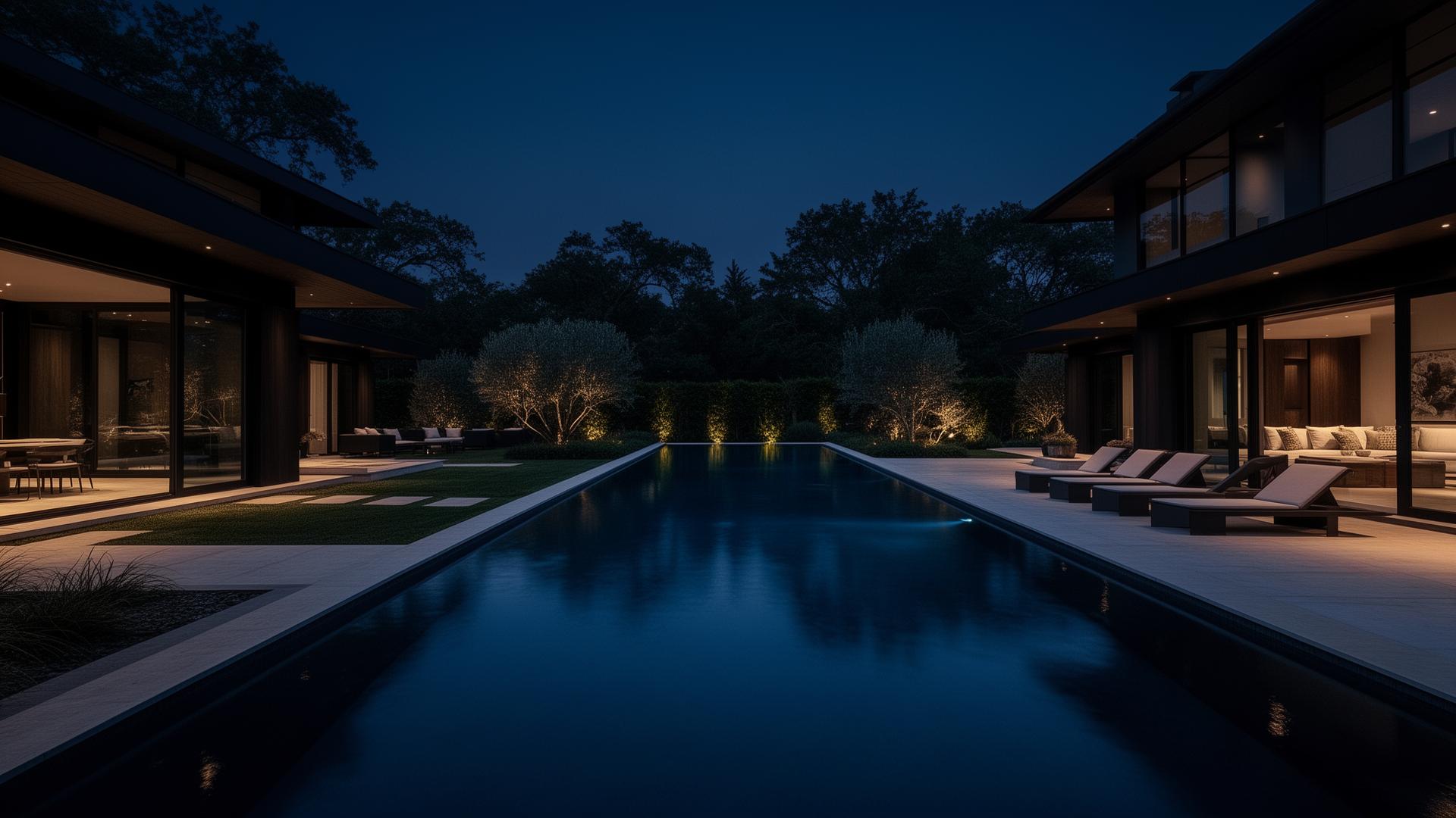Luxury backyard pool at dusk built by a specialist pool contractor